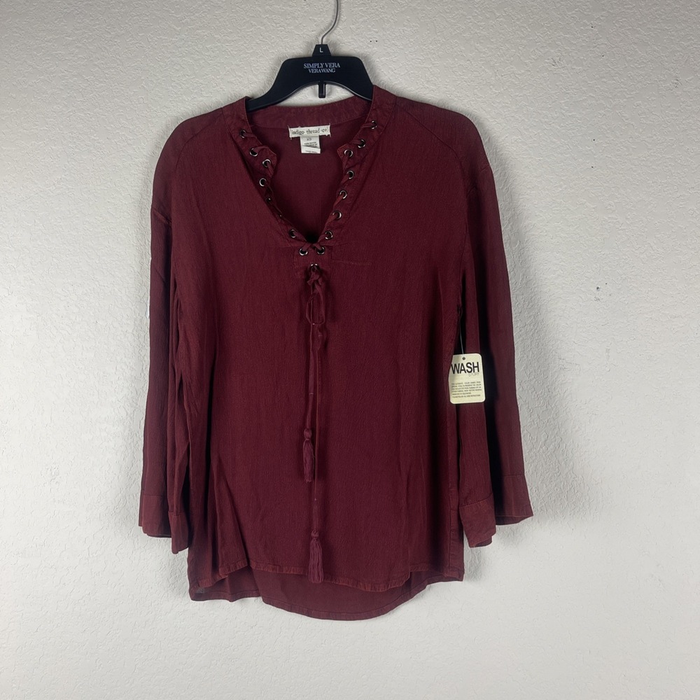 Indigo Thread Co Women's XS Burgundy Lace-Up Tassel Boho Long Sleeve NWT.